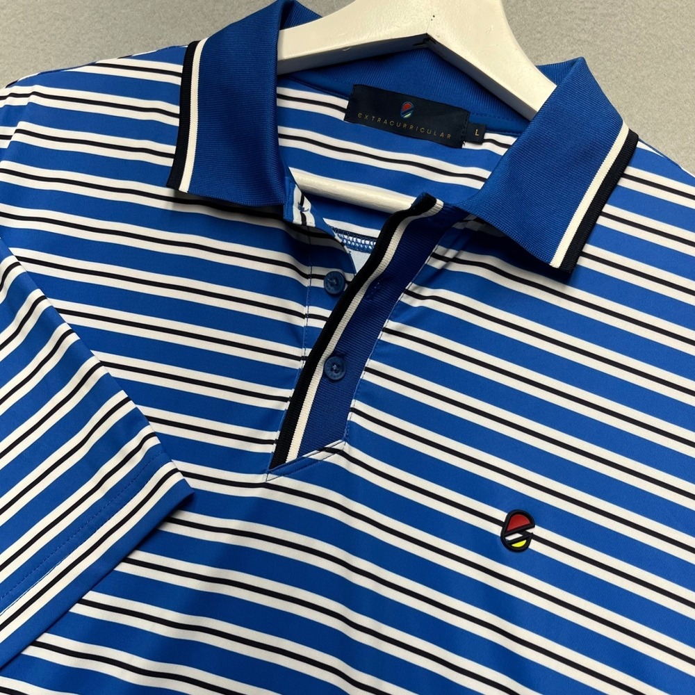 Extracurricular Mens Striped Golf Polo Shirt Blue White Black Size L‎ Stretch